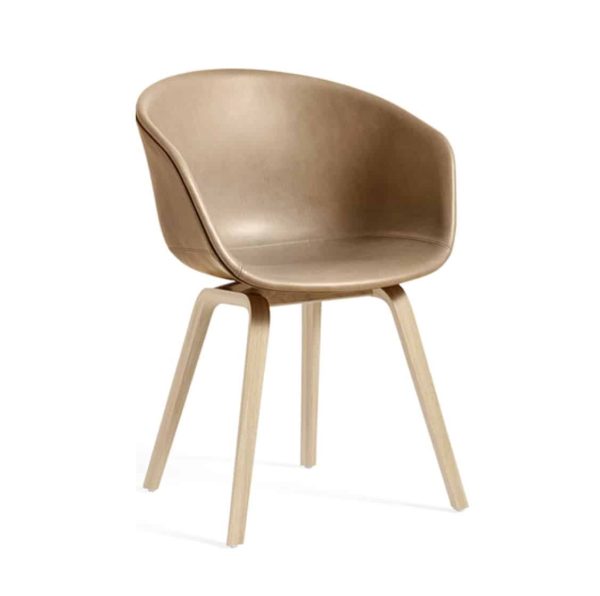 About AAC Armchair at DeFrae Contract Furniture Upholstered Brown Tan Faux Leather Seat Beech Wood frame