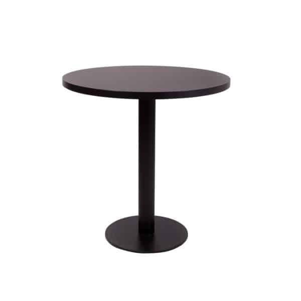 Black premium laminate 25mm table top DeFrae Contract Furniture restaurant bar coffee shop hotel or cafe round with forza base