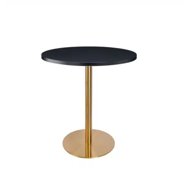 Black premium laminate 25mm table top DeFrae Contract Furniture restaurant bar coffee shop hotel or cafe round zues brass table base