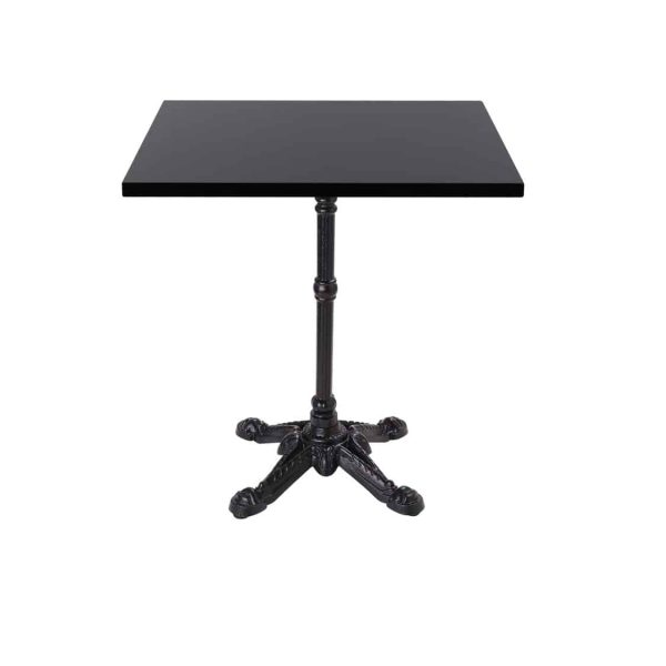 Black premium laminate 25mm table top DeFrae Contract Furniture restaurant bar coffee shop hotel or cafe square with bistro base