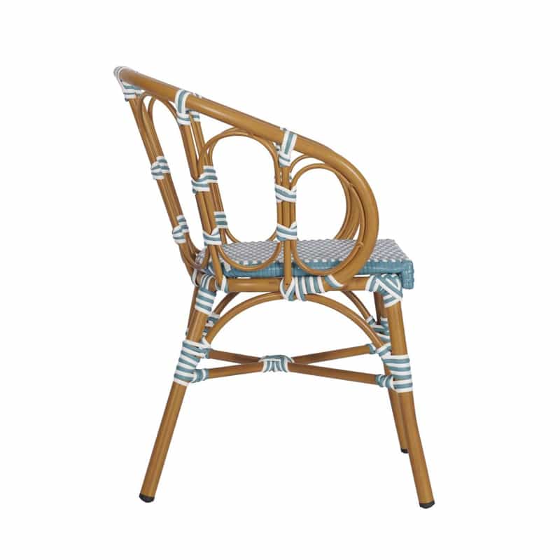 The Bordeaux Armchair is a French bistro trattoria chair perfect for your restaurant, bar, coffee shop, café, or hotel outside eating areas. Blue and White