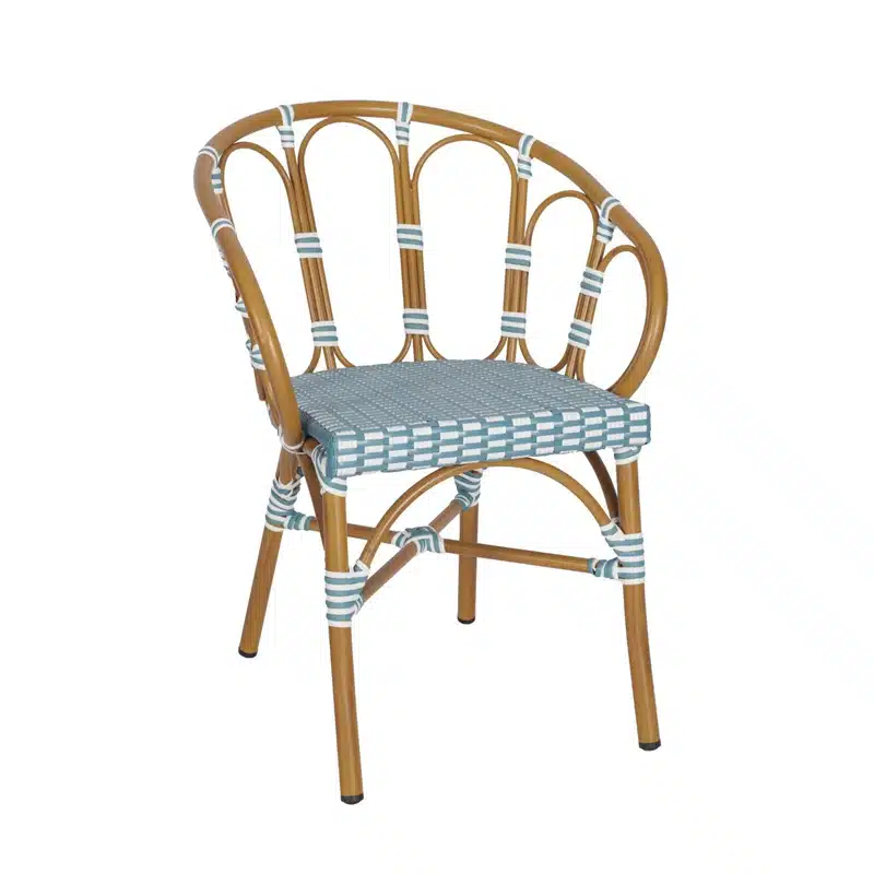The Bordeaux Armchair is a French bistro trattoria chair perfect for your restaurant, bar, coffee shop, café, or hotel outside eating areas. Blue and White