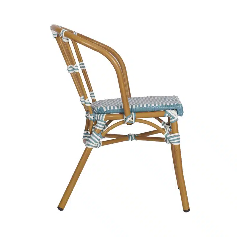 The Bordeaux side chair is a French bistro trattoria chair with a twist. Perfect for your restaurant, bar, coffee shop, café, or hotel outside eating areas. Blue and White