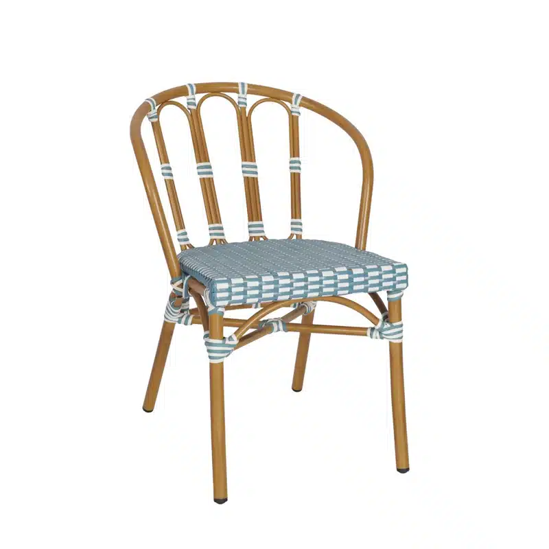 The Bordeaux side chair is a French bistro trattoria chair with a twist. Perfect for your restaurant, bar, coffee shop, café, or hotel outside eating areas. Blue and White