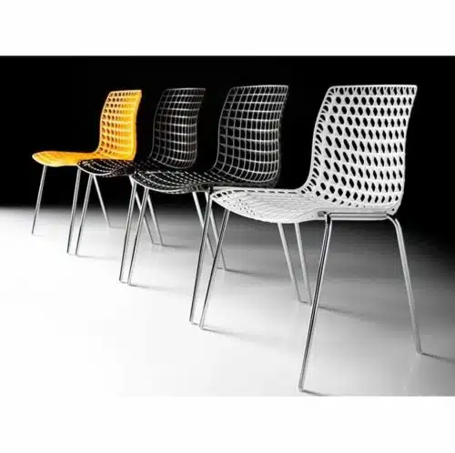 Moire side chair stackable recyclable seat black white and yellow