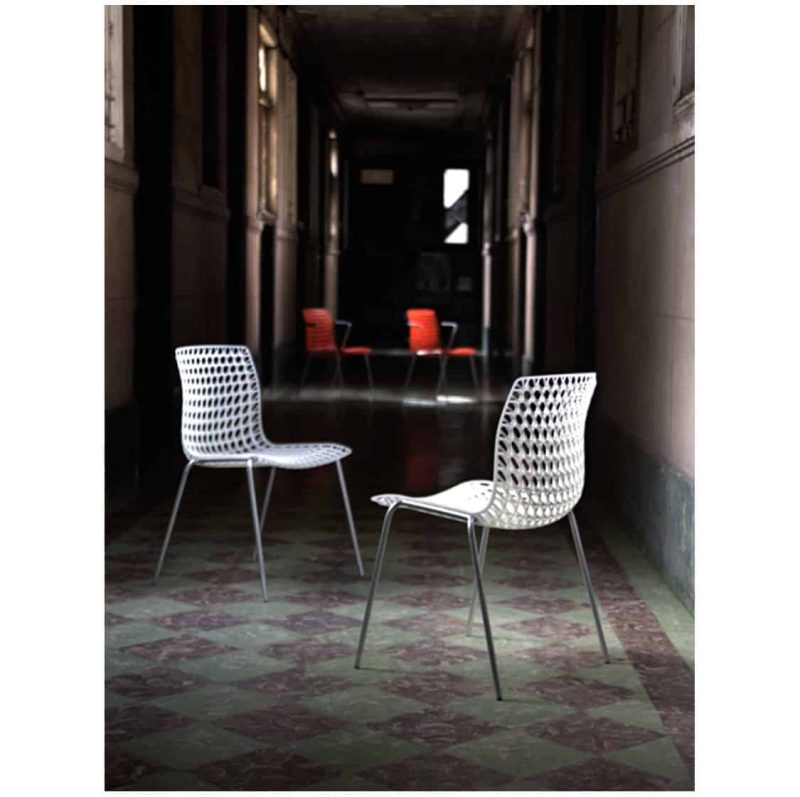 Moire side chair stackable recyclable seat white and orange