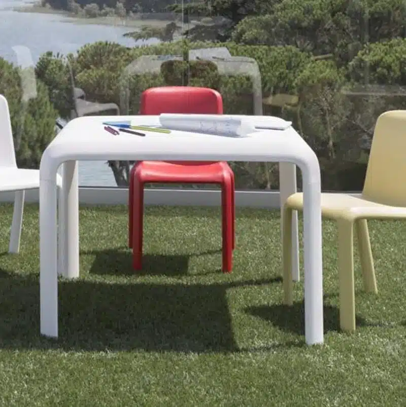 Snow Table Stackable Outdoor Chair Pedrali at DeFrae Contract Furniture with Snow Side Chairs in situ 2