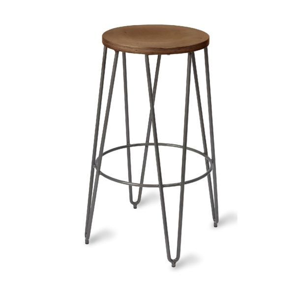 Trinian High Bar Stool with wooden seat and metal hairpin legs