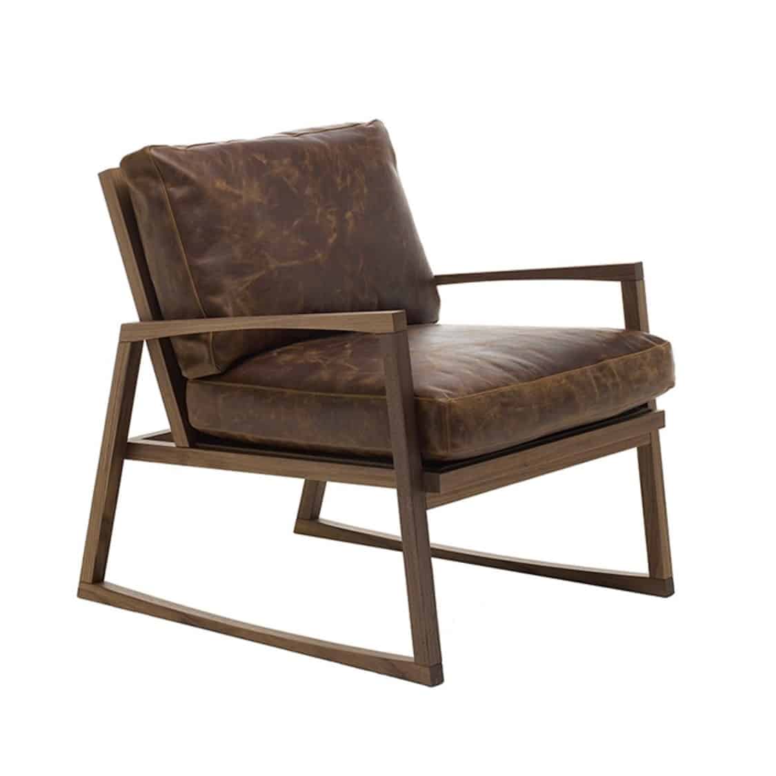 Yorkie lounge armchair brown leather wood frame contemporary