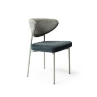 Albie Side Chair, also known as IVY 1331, is an Italian upholstered restaurant chair with curved backrest, COM options and custom metal finishes.