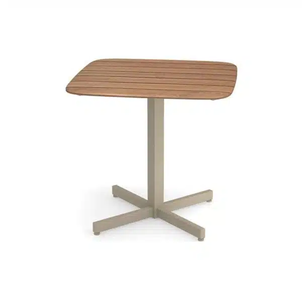 Comet table DeFrae Contract Furniture Emu Shine taupe base and teak table top