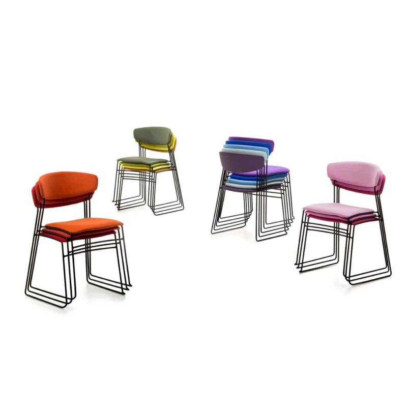 Eton metal side chair fornasarig Wolfgang Sled Base stackable chair uphosltered green velvet