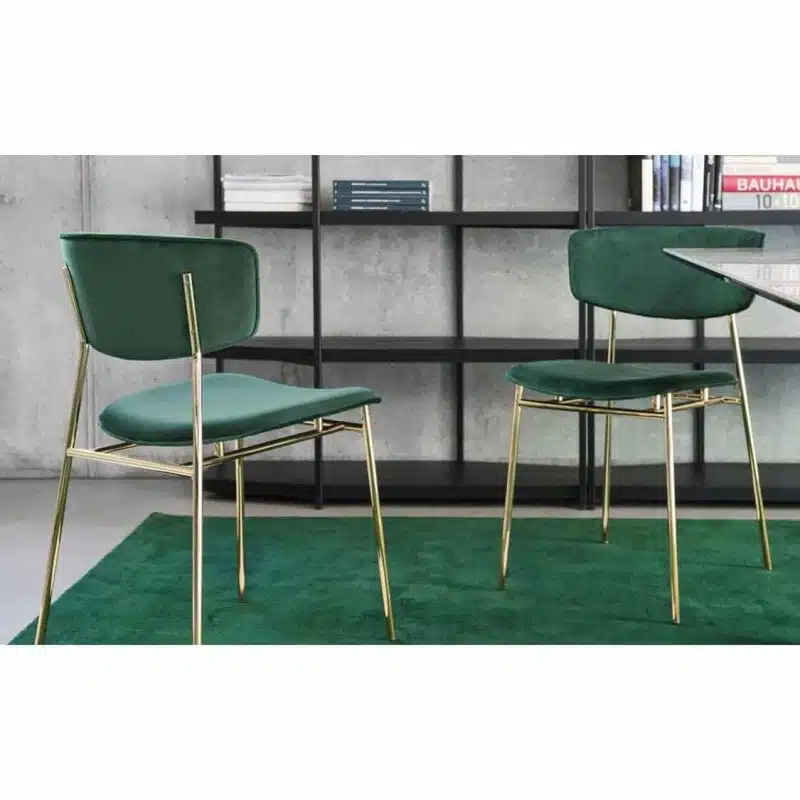 Fifties Chair by Calligaris at DeFrae Contract Furniture in situ green velvet and gold frame
