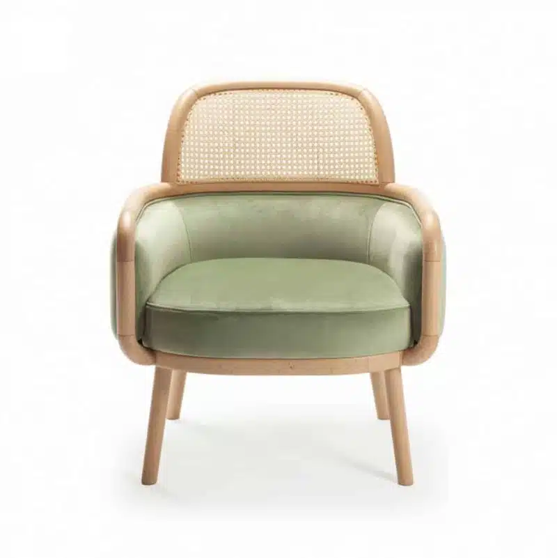 Luc lounge armchair at DeFrae Contract furniture with cane back front view