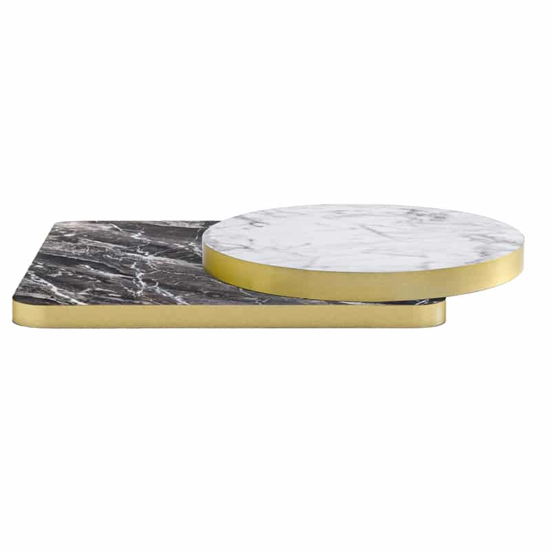 Marble and Stone Effect Laminate Tabletops To Order For Restaurants By DeFrae Contract Furniture Brass Edge