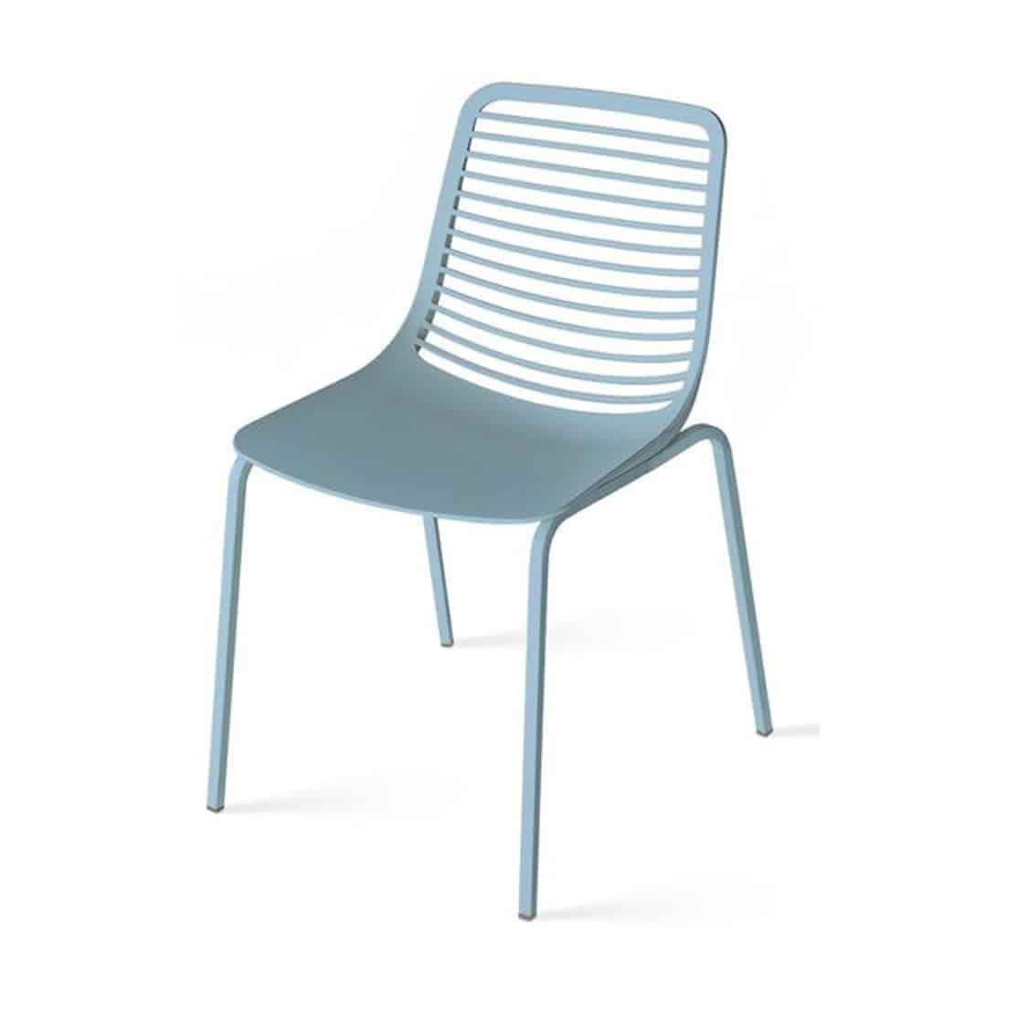 Mini side chair Casprini Stackable outside side chair DeFrae Contract Furniture metal frame blue