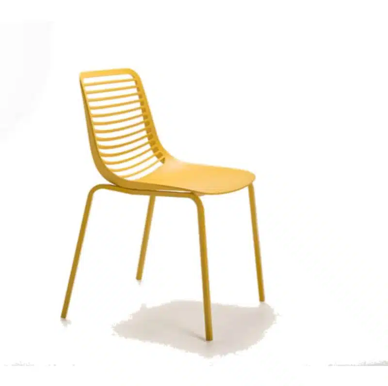 Mini side chair Casprini Stackable outside side chair DeFrae Contract Furniture metal frame yellow