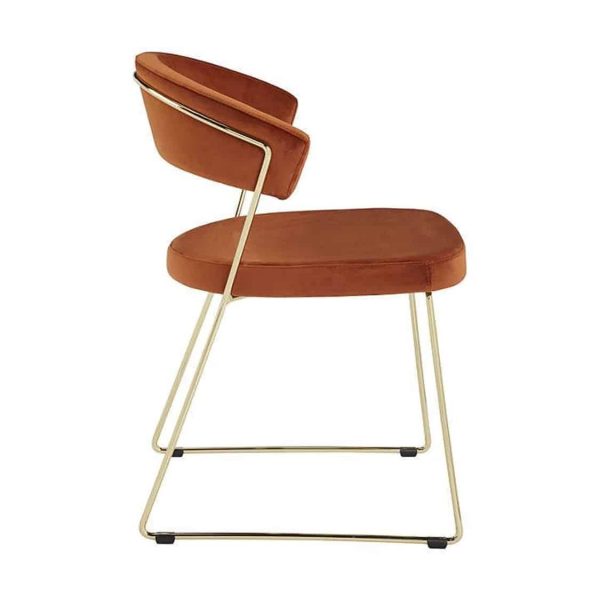New York Armchair Curved Back Gold Sled Base Calligaris at DeFrae Contract Furniture Velvet Rust