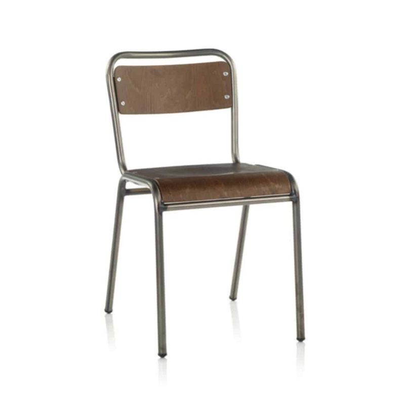 School Side Chair Stackable Wooden Seat Metal Frame DeFrae Gun Metal
