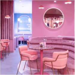 Strike Armchair DeFrae Contract Furniture Pink Leather with Brass Frame Elan Cafe London