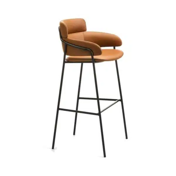 Strike Bar Stool DeFrae Contract Furniture Tan with Vintage Metal Frame Side View