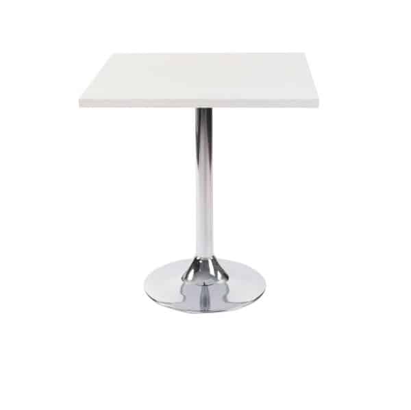 White premium laminate 25mm table top DeFrae Contract Furniture restaurant bar coffee shop hotel or cafe with Ramero round base