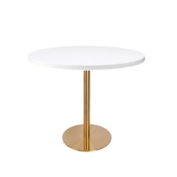 White premium laminate 25mm table top DeFrae Contract Furniture restaurant bar coffee shop hotel or cafe with Zeus brass round base