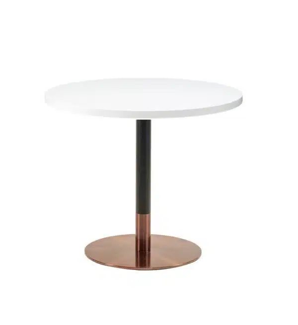 White premium laminate 25mm table top DeFrae Contract Furniture restaurant bar coffee shop hotel or cafe with Zeus rose gold round base