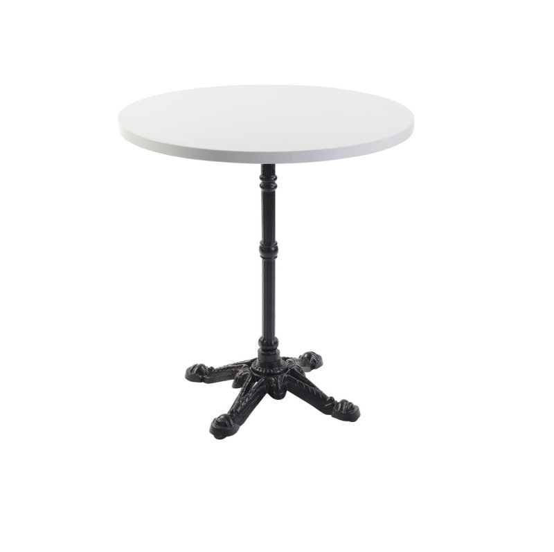 White premium laminate 25mm table top DeFrae Contract Furniture restaurant bar coffee shop hotel or cafe with bistro round base