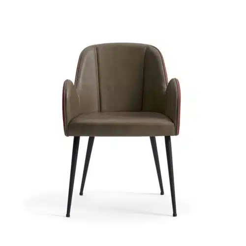 Yvonne Armchairs From DeFrae Contract Furniture Brown Faux Leather Pleater Back and Metal Frame