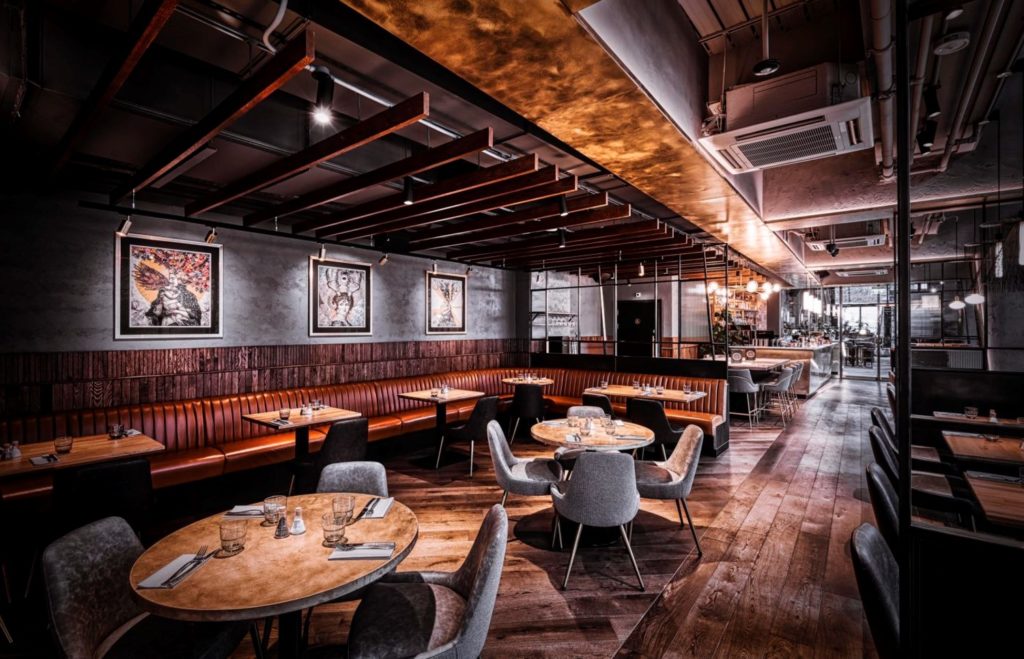 Products by DeFrae Contract Furniture. Glow side chairs and Louvre fluted back bar stools at Alchemist Canary Wharf by DeFrae Contract Furniture