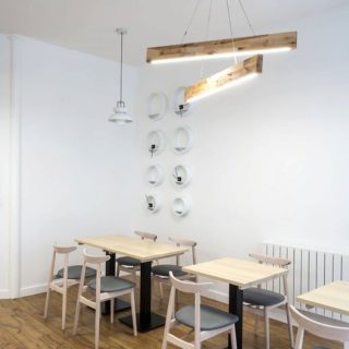Michelle chairs solid wood tables with forza bases at Broken Clock cafe in Glasgow by DeFrae Contract Furniture
