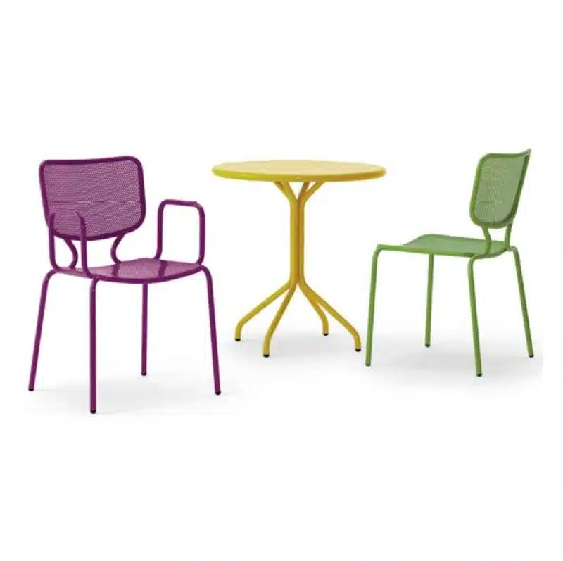 Aitra Side Chair Outside Use Stackable Green and Purple Armchair DeFrae Contract Furniture