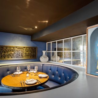 Banquette Seating Button Back Curved Booths in Navy Restaurant furniture by DeFrae Contract Furniture at Mala Indian Kitchen and Bar Canary Wharf London