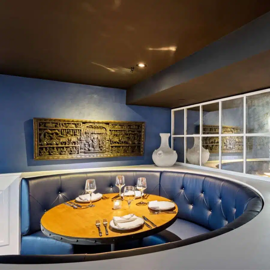 Button back booth banquette seating at Mala Kitchen and Bar by DeFrae Contract Furniture