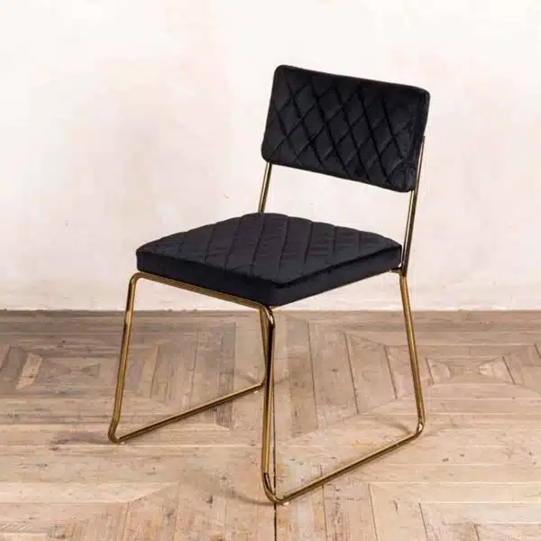 Marilyn Side Chair Quilted Back and Brass Look Frame DeFrae Contract Furniture Stackable Black