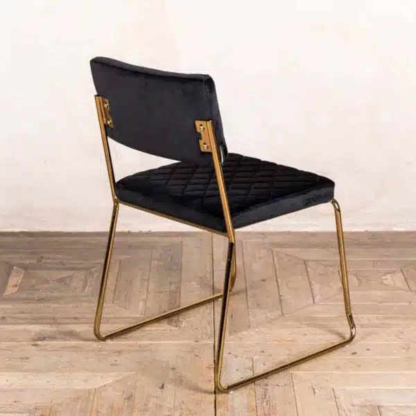 Marilyn Side Chair Quilted Back and Brass Look Frame DeFrae Contract Furniture Stackable Black Back View