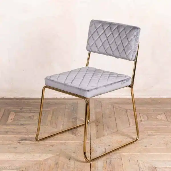 Marilyn Side Chair Quilted Back and Brass Look Frame DeFrae Contract Furniture Stackable Cool Grey