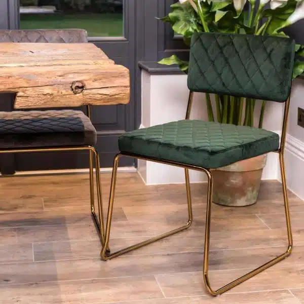 Marilyn Side Chair Quilted Back and Brass Look Frame DeFrae Contract Furniture Stackable In Situ