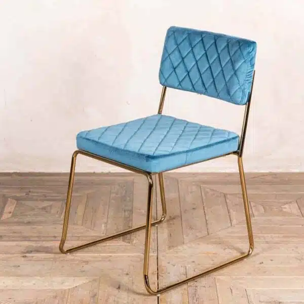 Marilyn Side Chair Quilted Back and Brass Look Frame DeFrae Contract Furniture Stackable Ocean Teal Blue