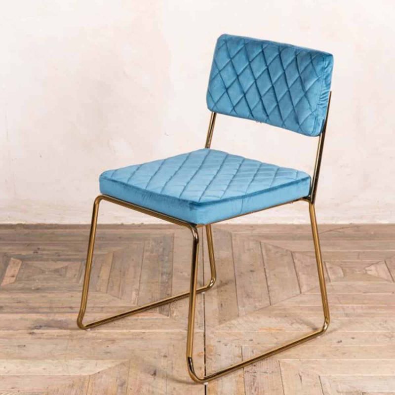 Marilyn Side Chair Quilted Back and Brass Look Frame DeFrae Contract Furniture Stackable Ocean Teal Blue