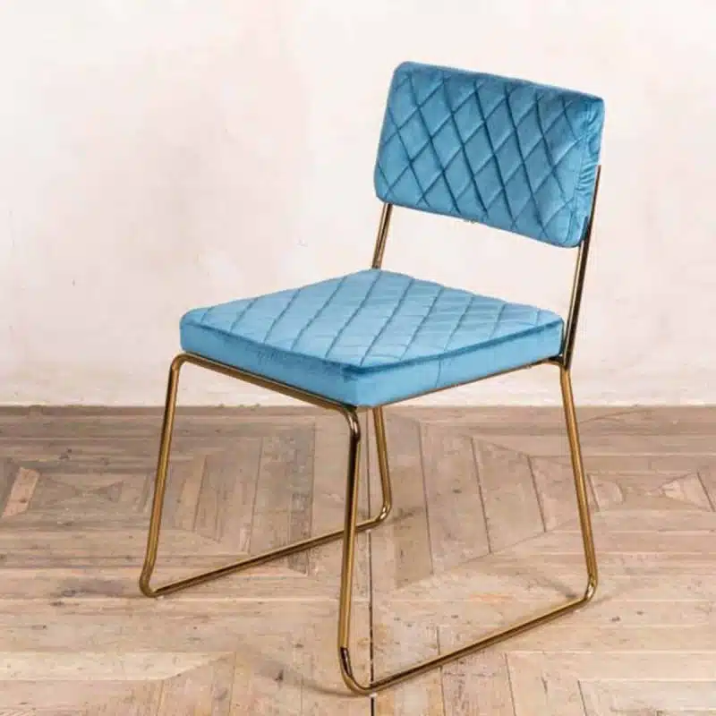 Marilyn Side Chair Quilted Back and Brass Look Frame DeFrae Contract Furniture Stackable Ocean Teal Blue