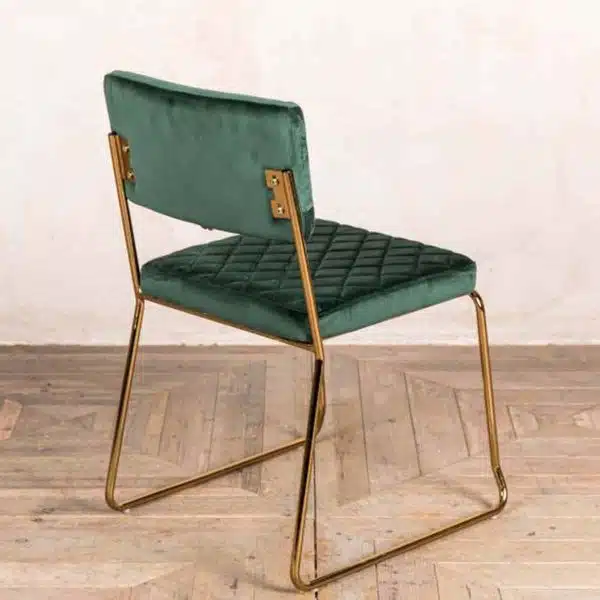 Marilyn Side Chair Quilted Back and Brass Look Frame DeFrae Contract Furniture Stackable Pine Green Back
