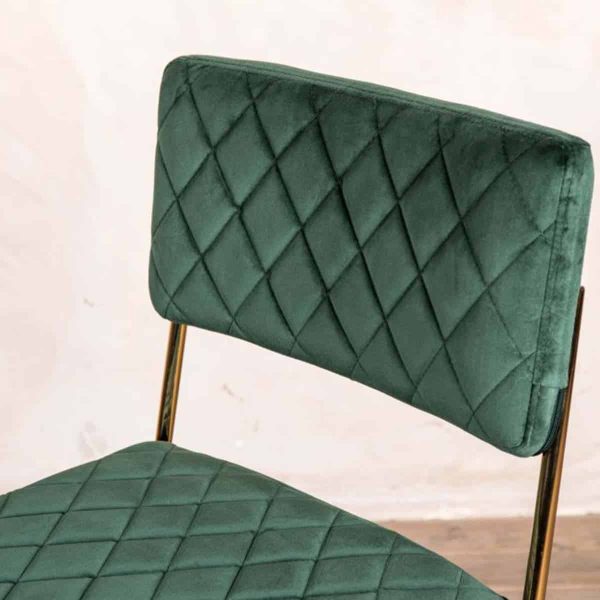 Marilyn Side Chair Quilted Back and Brass Look Frame DeFrae Contract Furniture Stackable Pine Green Close Up