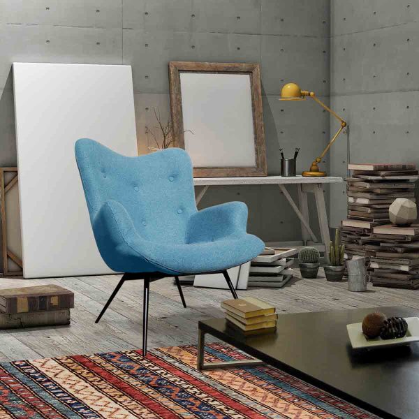 Malmo wingback armchair baby blue button DeFrae Contract Furniture in situ