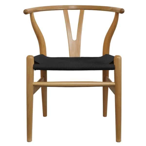 WIshbone natural Frame with black seat DeFrae Contract Furniture front view