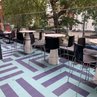 Chiswick Cinema terrace Tweet bar stools Marble Tabletops with Venus Table BasesTweet bar stools with