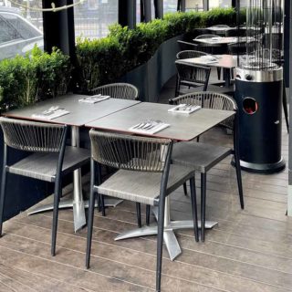 Vienna Side Chairs and Cement Compact Laminate Tables tops with alluminium flip top tablebase at Tom Dick & Harrys by DeFrae Contract Furniture 2