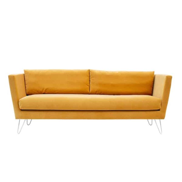 Baltimore Sofa by DeFrae Contract Furniture 2 Seater with metal hairpin legs yellow