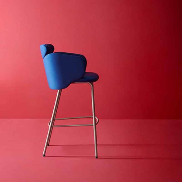 La Rossa Bar Stool DeFrae Contract Furniture Blue with brass frame in situ